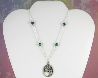 Long Station Style Malachite Necklace with Tree of Life Pendant, 24"