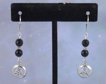 Dangle, Sterling Silver Triskelion Earrings with Faceted Onyx, 1 1/2", Lever Back, Empaths, Protection