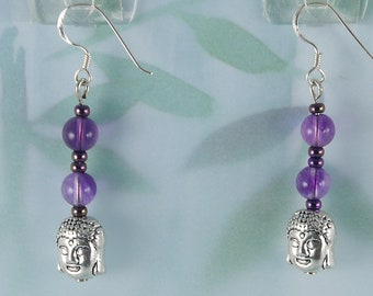 Purple Fluorite Buddha Earrings, 1 3/4", Sterling Silver French Wires, Bohemian, Zen, Light workers