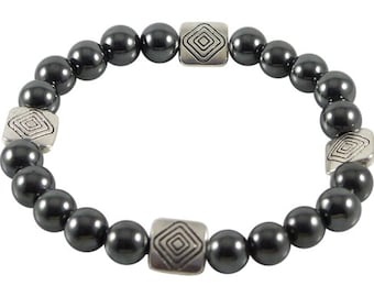 Men's Geometric Shape Bracelet with Hematite, Bronzite, Moss Agate or Tourmaline, Stretch, 8"