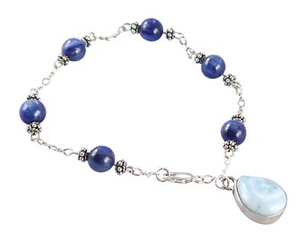 Premium, Kyanite Bracelet, Larimar Pear Shape Charm, Sterling Silver, Station Style, 7.5"
