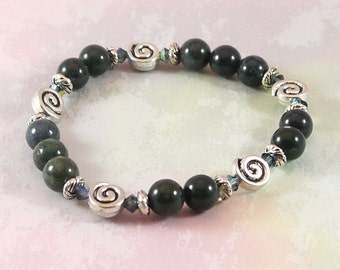 Moss Agate Bracelet with Celtic Scrolls, Swarovski Crystals,  7 1/2", Stretch, Good Luck