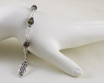 Smoky Quartz Bracelet, Celtic Charm, Sterling Silver, Station Style, 7.5", Protection, Stress, Anxiety, Negative Energy