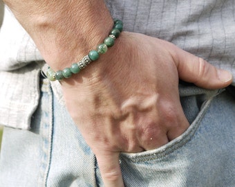 Men's and Women Moss Agate Bracelet with Sterling Silver Accent Beads, Stretch, 7 3/4", Protection