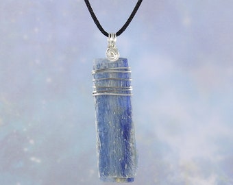 Long, Blue Kyanite Pendant, Wire Wrapped, Necklace, 2 7/8", Psychic, Spirit Guides