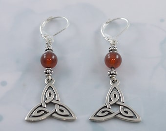 Dangle, Sterling Silver Triskelion Earrings with Hessonite Garnet, 1 1/4", Lever Back