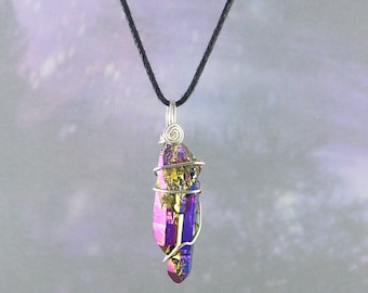 Rainbow Aura Wire Wrapped Pendant, Necklace, 1 5/8"