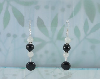 Black Tourmaline Earrings with Moonstone, 1 5/8", Sterling Silver French Wires, Boho, Protection
