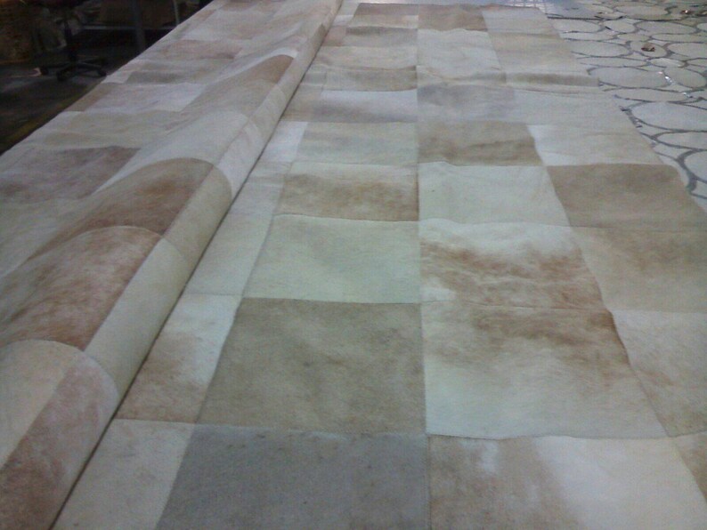 Patchwork Cowhide Rug, Squares 12 X 12, Mix of Creams, Beiges & Light