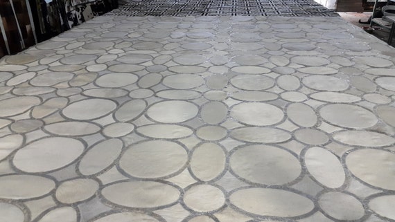 Cowhide Patchwork Rug *RAW Leather Argentina - Free Shipping - RUGS - Mix of Whites and Silver Metallic - Handmade  6' x 8'