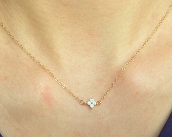 Tiny Gold flower necklace ,tiny flower necklace, gold dainty necklace , cubic zirconia necklace , delicate necklace , dainty necklace