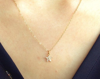 Tiny flower necklace, simple gold necklace, tiny necklace, minimalist necklace , cubic zirconia necklace , wedding necklace, delicate