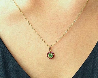 Tiny charm necklace, layering necklace, everyday necklace, minimalist necklace, tiny gold necklace, peridot and fuchsia necklace