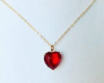 Ruby heart necklace, ruby necklace, gold heart necklace, ruby jewelry, gold simple necklace,layering necklace, July birthstone necklace