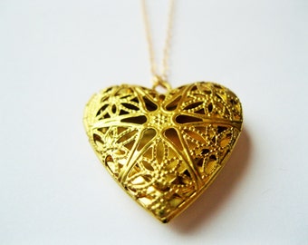 Filigree gold heart locket necklace, gold heart locket necklace, locket necklace, heart locket necklace