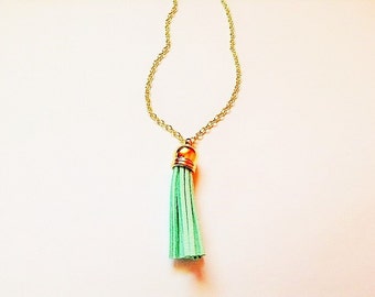 SMALL Tassel necklace, mint tassel necklace, tassel jewelry, colorful jewelry, mint necklace, layering necklace, statement necklace