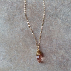 Light pink crystal necklace, wire wrapped jewelry, gemstone necklace, delicate dainty gold necklace, tiny necklace, pink jewelry