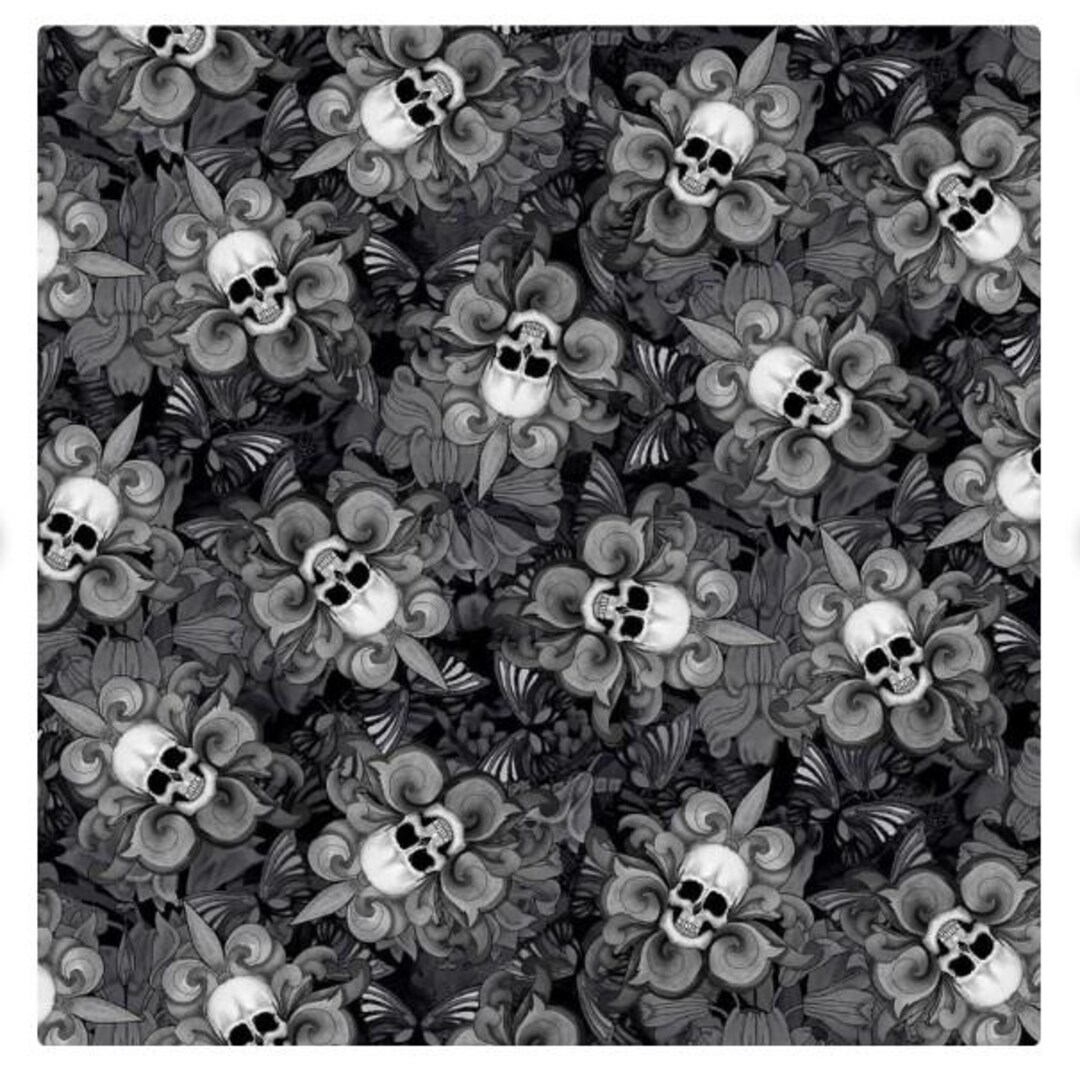 BTY Timeless Treasures SKULLS Fleur De Lis Black 100% Cotton Quilt ...