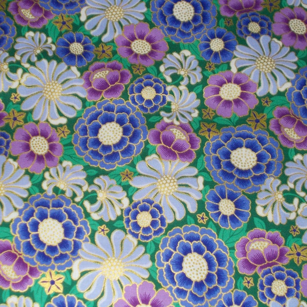 BTY Kaufman Midnight Nectar Floral Blooms Met Gold & Iris Print 100% Cotton Quilt Fabric by the Yard