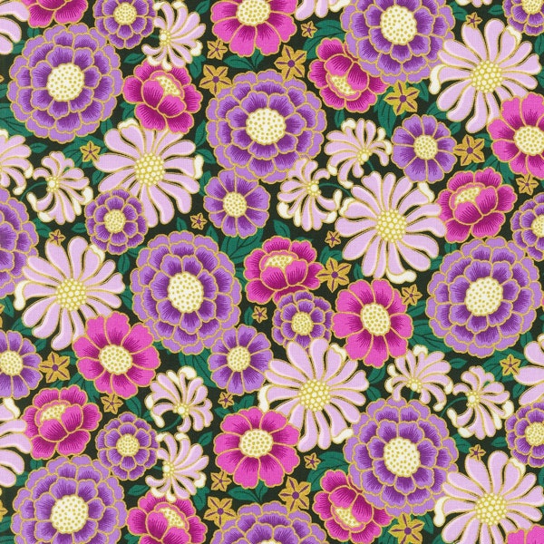 BTY Kaufman Midnight Nectar Floral Blooms Met Gold & Orchid Print 100% Cotton Quilt Fabric by the Yard