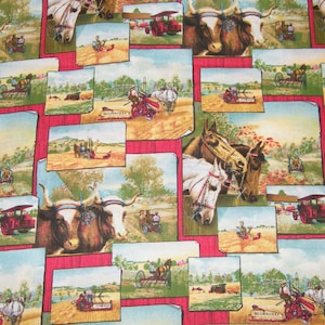 May include: Fabric with a repeating pattern of vintage farm scenes. The design includes images of oxen, horses, tractors, and farmers working in fields. The color palette features red, green, brown, and cream.