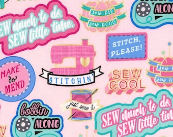 Timeless Treasures SEW COOL Words on Pink Print 100% Cotton Quilt Crafting Fabric #C-6321
