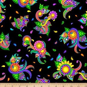 May include: Black fabric with a vibrant, repeating pattern of stylized floral designs. The flowers feature bright colors like yellow, pink, blue, and green, with intricate details and a paisley-like aesthetic. Scattered teardrop shapes in various colors complete the design.