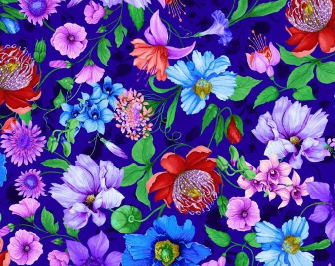 BTY Timeless Treasures Digital FAIRY FANTASY Floral on Royal Blue 100