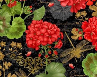 BTY Timeless Treasures Geranium Dragonfly Collage on Black with Met Gold Print 100% Cotton Quilt Craft Fabric by the Yard
