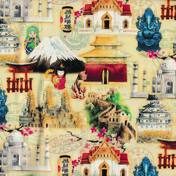 Kaufman Wonders of Asia LANDMARKS Yellow Print 100% Cotton Quilt Craft Fabric