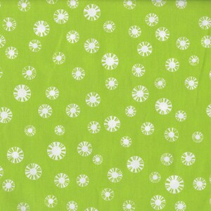 May include: Bright green fabric with a repeating pattern of white, circular designs. Each circle has a central white area with radiating lines, resembling a stylized sun or flower. The fabric has a slightly textured appearance.