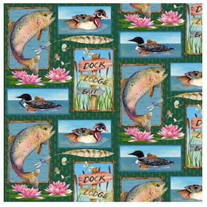 May include: A repeating pattern featuring watercolor illustrations of fish, ducks, dragonflies, and water lilies. The design includes framed scenes with the words "Dock, Lodge, Bait" on a wooden sign, set against a dark green background.