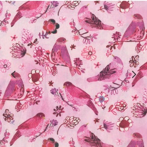 August Wren Dear Stella Watercolor Birds on Branches Pink 100% Cotton Quilt Fabric