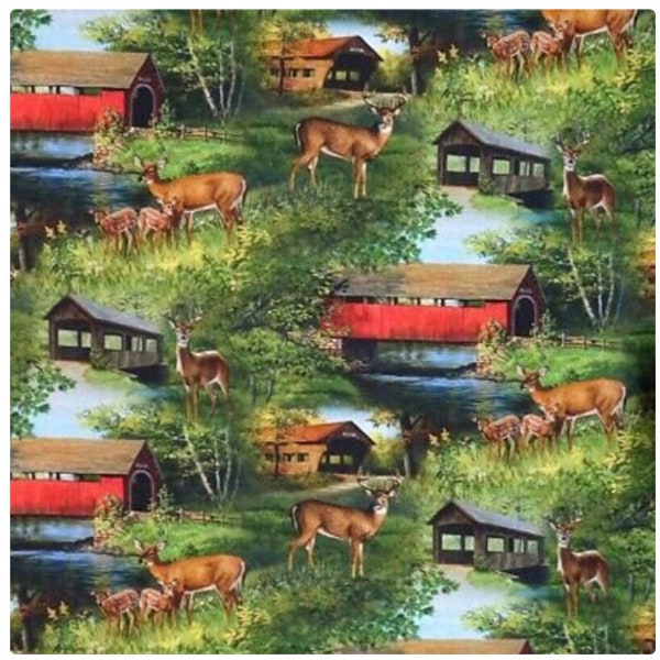 SCP Wild Wings Digital Covered Bridge & DEER Scenic Print 100% Cotton Quilt Craft Fabric