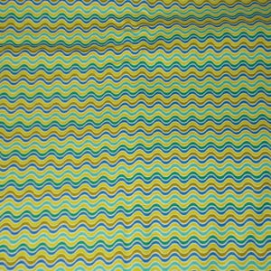 May include: A fabric featuring a repeating pattern of horizontal wavy lines in alternating colors of olive green, bright blue, and light turquoise. The design consists of consistent, parallel undulating stripes that span the entire surface.