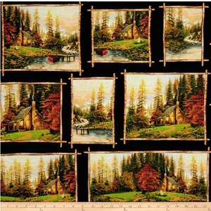 BTY Thomas Kinkade Peaceful Retreat Patch on Black 100% Cotton Quilt Craft Fabric by the Yard