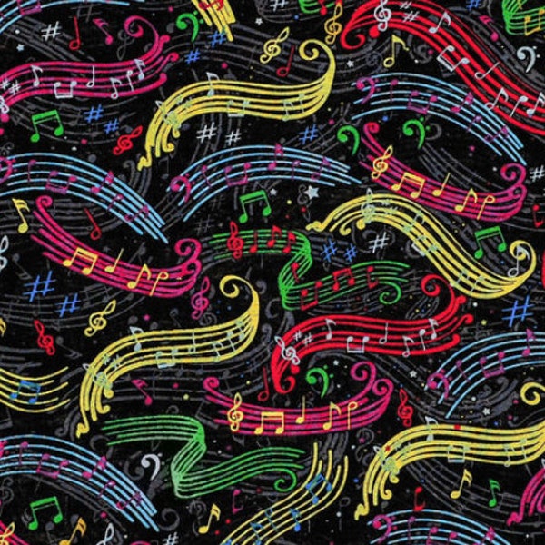 BTY COLORFUL MUSIC on Black 100% Cotton Quilt Crafting Fabric by the Yard