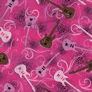 BTY ROCK ON Hot Pink Guitars Print 100% Cotton Quilt Craft Fabric by the Yard