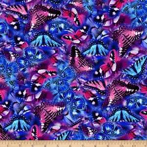 May include: A fabric with a vibrant pattern of butterflies in shades of blue, pink, and white. The butterflies are densely arranged, creating a colorful and eye-catching design. The fabric has a dark blue background.