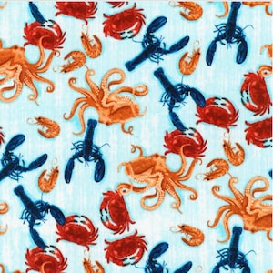 BTY Kaufman COASTAL CATCH Lobsters, Crabs on Blue Print 100% Cotton Quilt Craft Fabric by the Yard