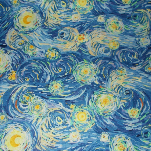 Keepsake Van Gogh Starry Night Inspired Blue Yellow Swirls 100% Cotton Quilt Crafting Fabric