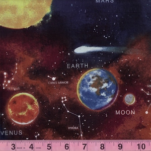 May include: Fabric with a colorful space-themed design. Planets, constellations, and the Earth are depicted against a dark background with red and orange nebulas. The word "Earth" is visible, along with other celestial labels.