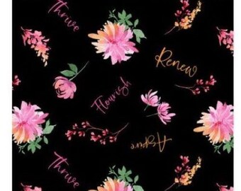 BTY Wilmington Floral Party Inspiring Word Toss Pink on Black Print 100% Cotton Quilt Crafting Fabric by the Yard