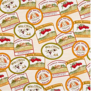 May include: A fabric pattern featuring various Italian food labels. The labels are oval and rectangular, with illustrations of olives, tomatoes, and Tuscan landscapes. The color palette includes green, red, and beige.