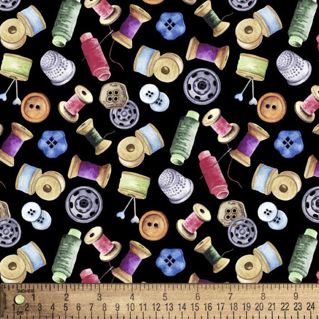 David Textiles SEWING Materials Thread, Thimble Print 100% Cotton Quilt ...