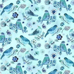 August Wren Dear Stella Watercolor Birds on Branches Blue 100% Cotton Quilt Fabric