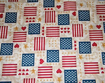 BTY Red, White, Blue HEARTS & FLAGS Print 100% Cotton Quilt Crafting Fabric by the Yard