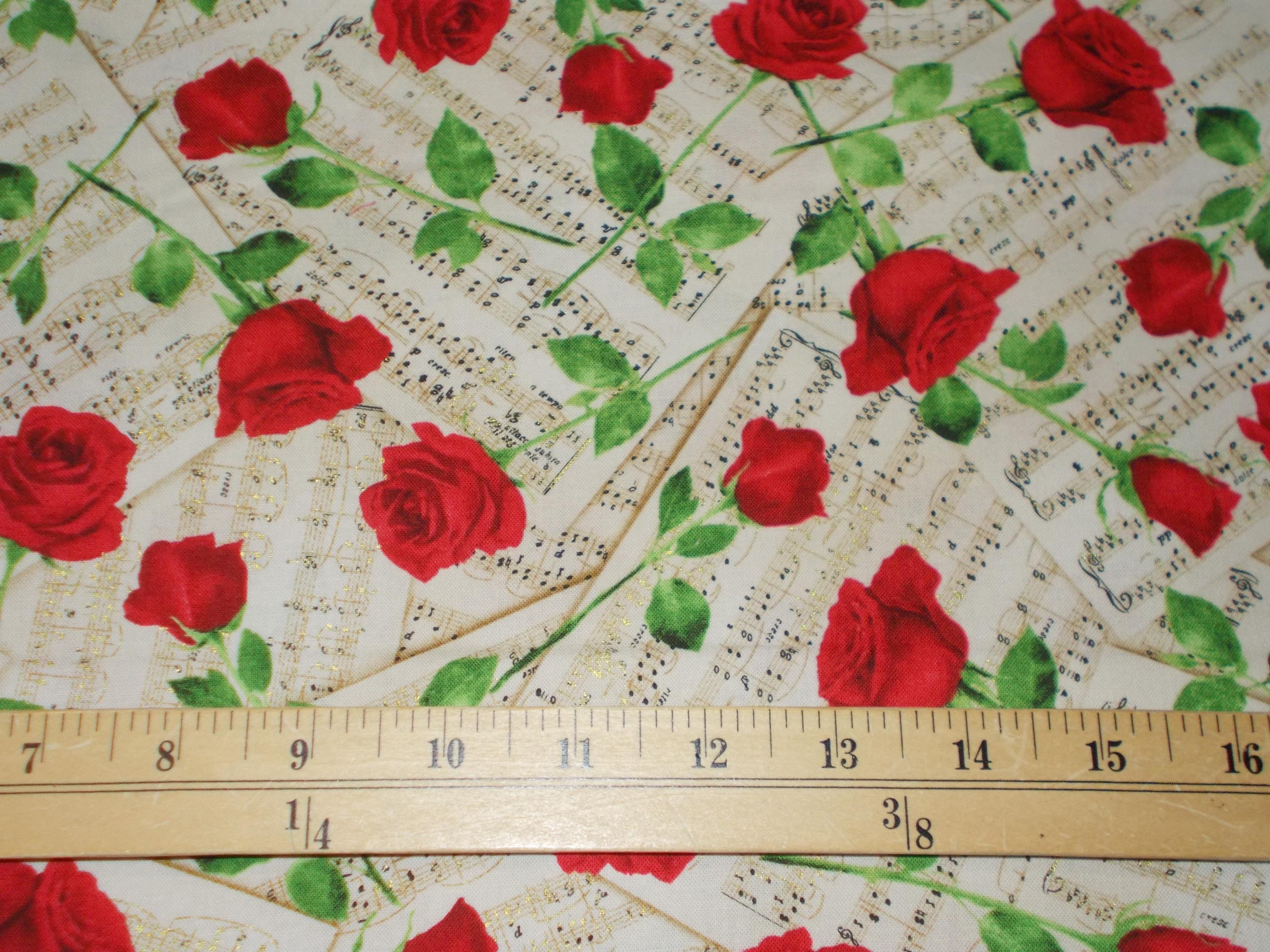 BTY Timeless Treasures Red Roses on Sheet Music Beige With Metallic ...