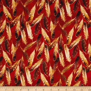 BTY Andover QUAIL FEATHERS on Red Print 100% Cotton Quilt Crafting Fabric by the Yard