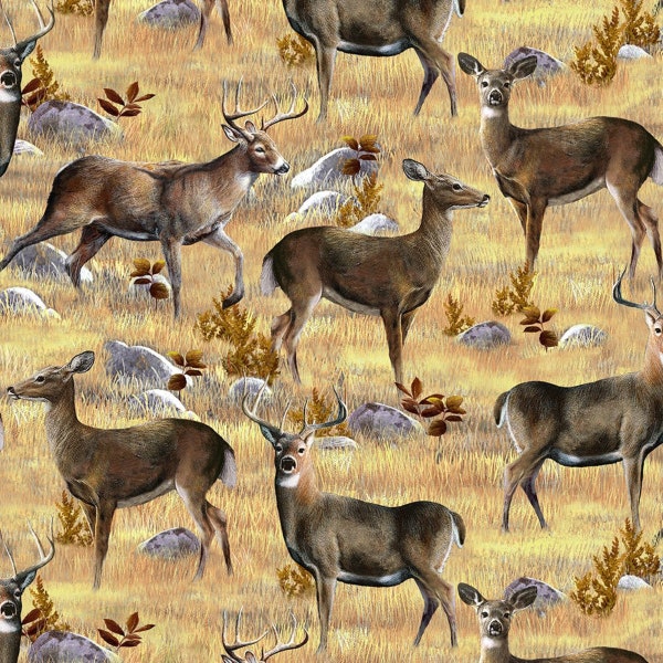 BTY Wilmington HIDDEN VALLEY Deer on Yellow Grass Print 100% Cotton Quilt Crafting Fabric by the Yard